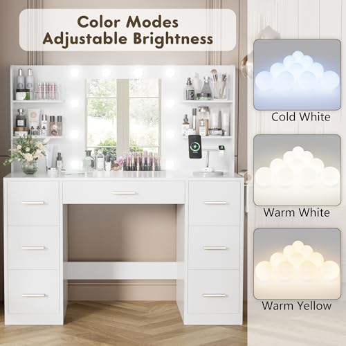 YESHOMY Vanity Desk with Mirror, LED Lights & Power Outlet – 7 Drawers, White