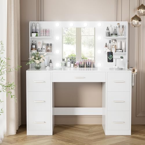 YESHOMY Vanity Desk with Mirror, LED Lights & Power Outlet – 7 Drawers, White