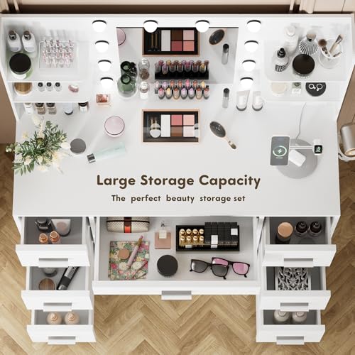 YESHOMY Vanity Desk with Mirror, LED Lights & Power Outlet – 7 Drawers, White