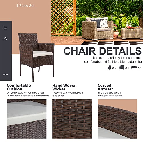Shintenchi 4-Piece Outdoor Patio Furniture Set – Wicker Chairs & Loveseat with Coffee Table, Brown