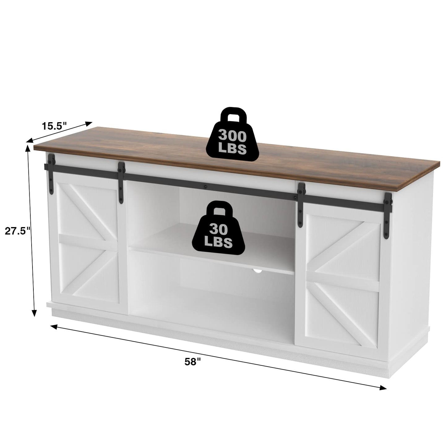 JUMMICO TV Stand for 65" TV – Mid-Century Modern Media Console with Sliding Barn Doors, Storage Cabinets, Bright White