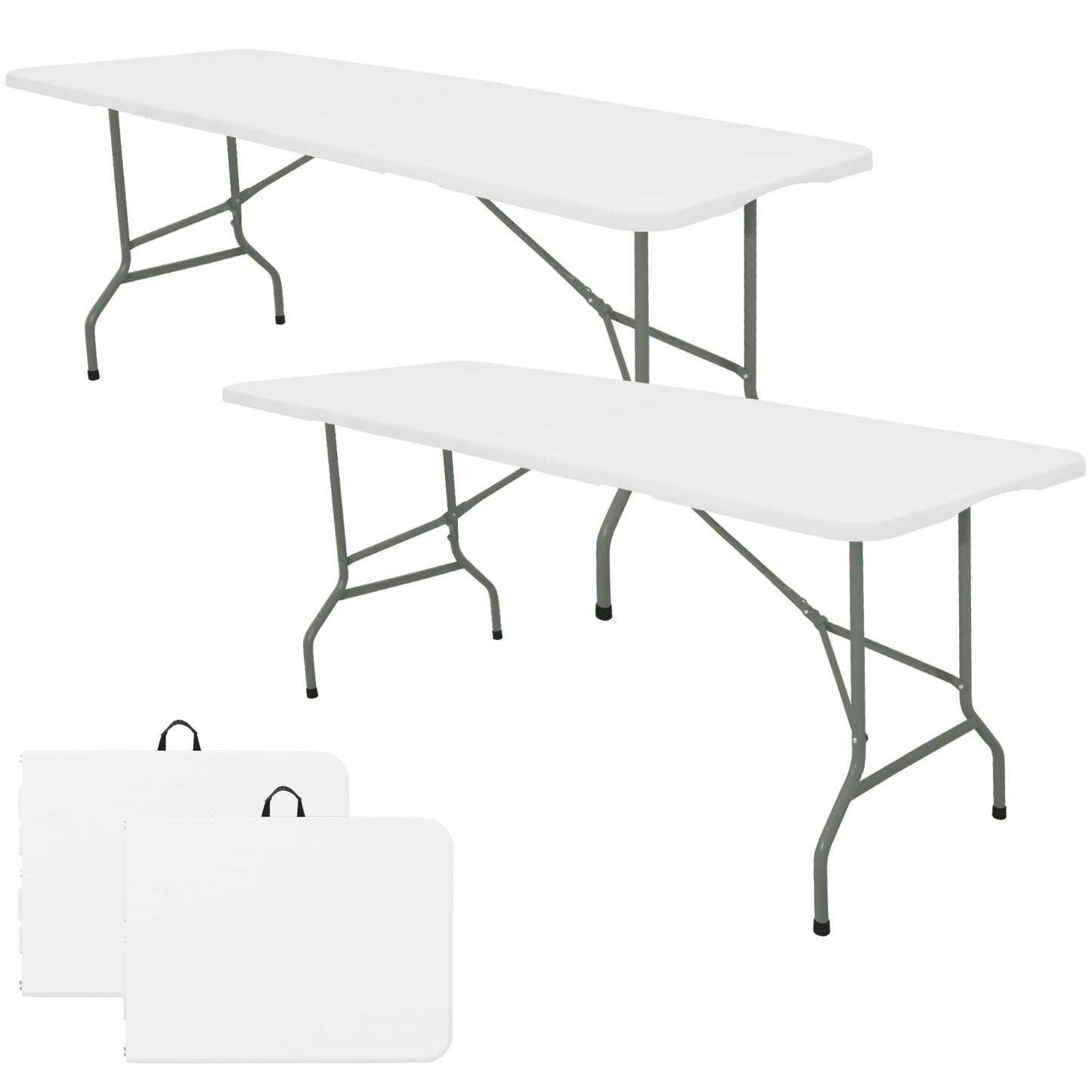 Set of 2 6ft Folding Tables – Portable Plastic Outdoor Dining Tables with Steel Legs and Carrying Handles, White