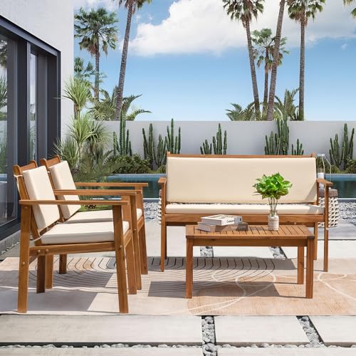 4-Piece Acacia Wood Patio Sofa Set with Cushions & Table – White