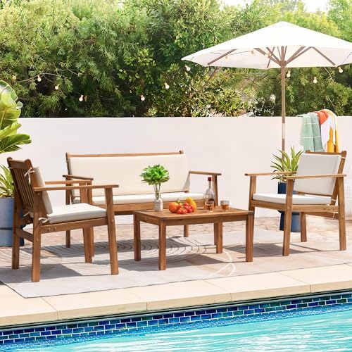 4-Piece Acacia Wood Patio Sofa Set with Cushions & Table – White