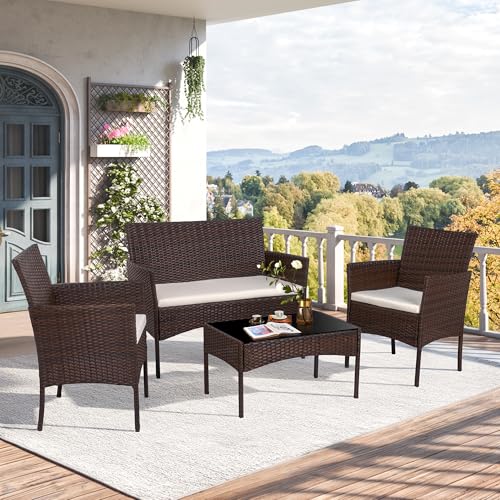 Shintenchi 4-Piece Outdoor Patio Furniture Set – Wicker Chairs & Loveseat with Coffee Table, Brown
