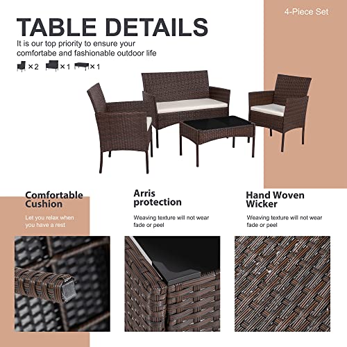 Shintenchi 4-Piece Outdoor Patio Furniture Set – Wicker Chairs & Loveseat with Coffee Table, Brown
