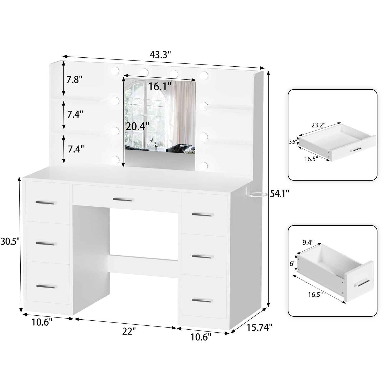 YESHOMY Vanity Desk with Mirror, LED Lights & Power Outlet – 7 Drawers, White