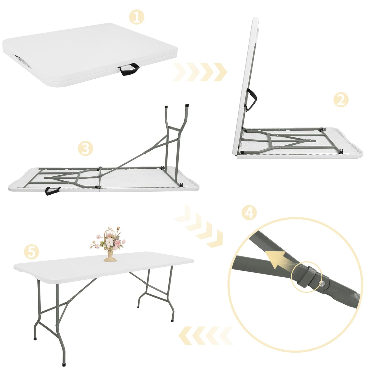 Set of 2 6ft Folding Tables – Portable Plastic Outdoor Dining Tables with Steel Legs and Carrying Handles, White