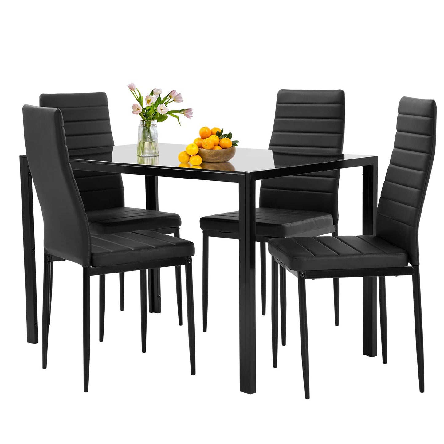 FDW 5-Piece Dining Set – Black Glass Table with 4 Faux Leather Chairs, Modern Space-Saving Design