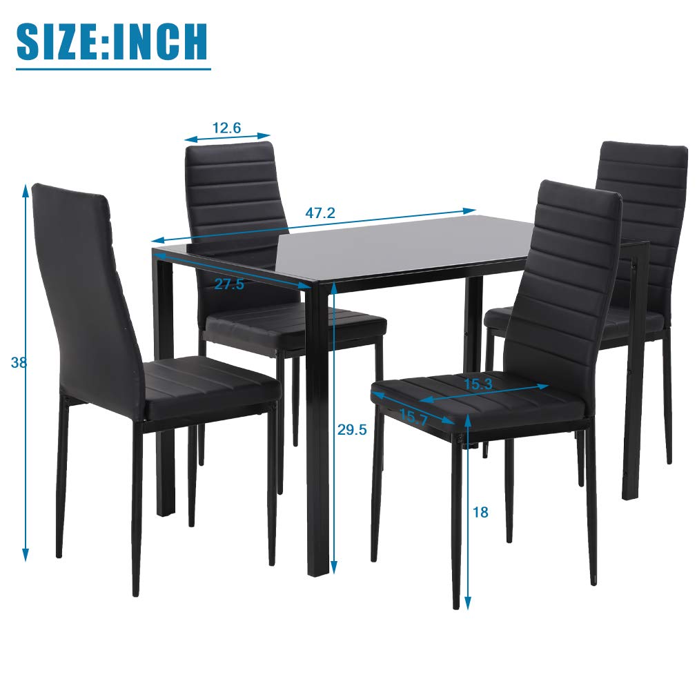 FDW 5-Piece Dining Set – Black Glass Table with 4 Faux Leather Chairs, Modern Space-Saving Design