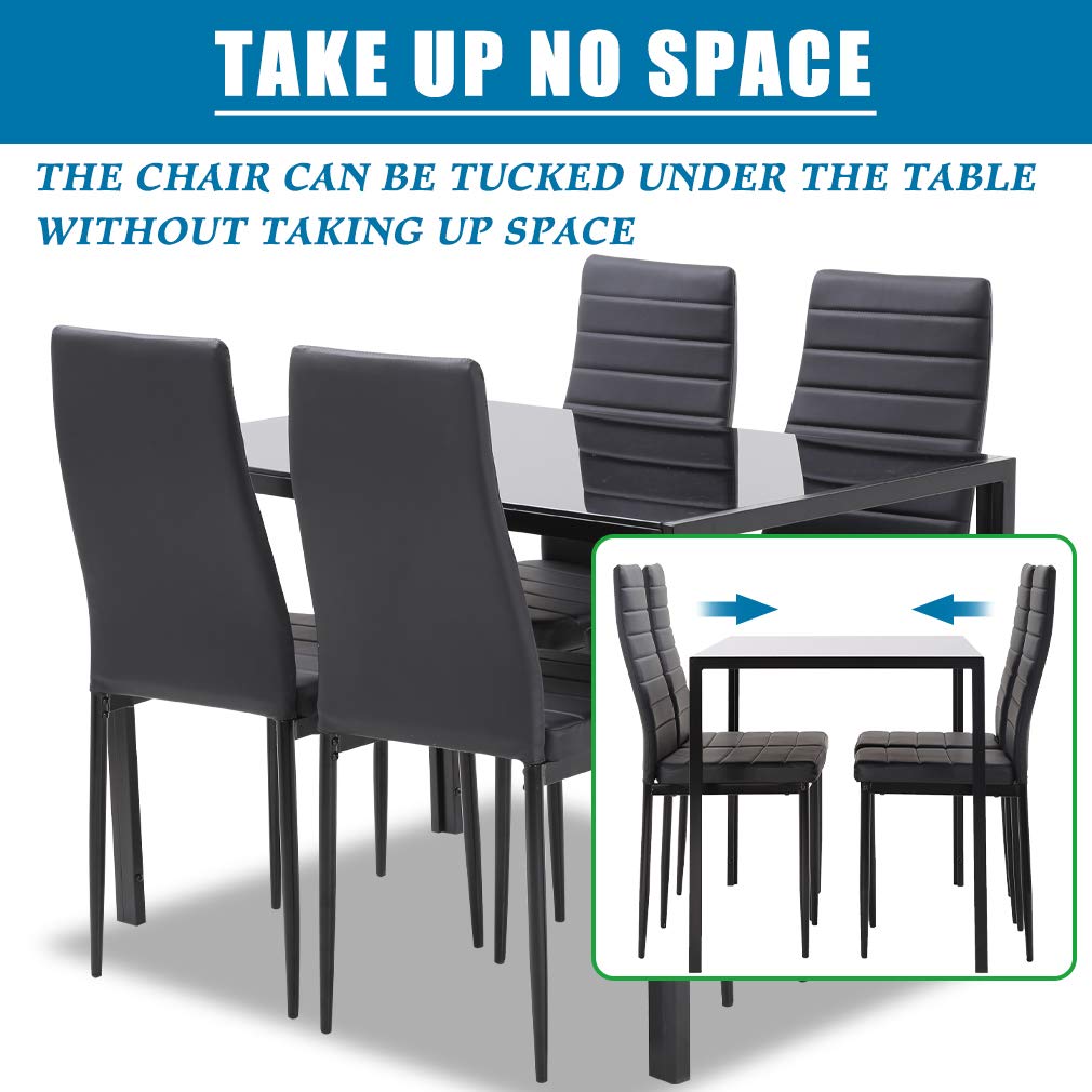 FDW 5-Piece Dining Set – Black Glass Table with 4 Faux Leather Chairs, Modern Space-Saving Design