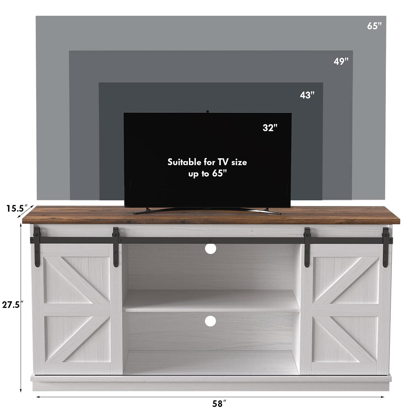 JUMMICO TV Stand for 65" TV – Mid-Century Modern Media Console with Sliding Barn Doors, Storage Cabinets, Bright White