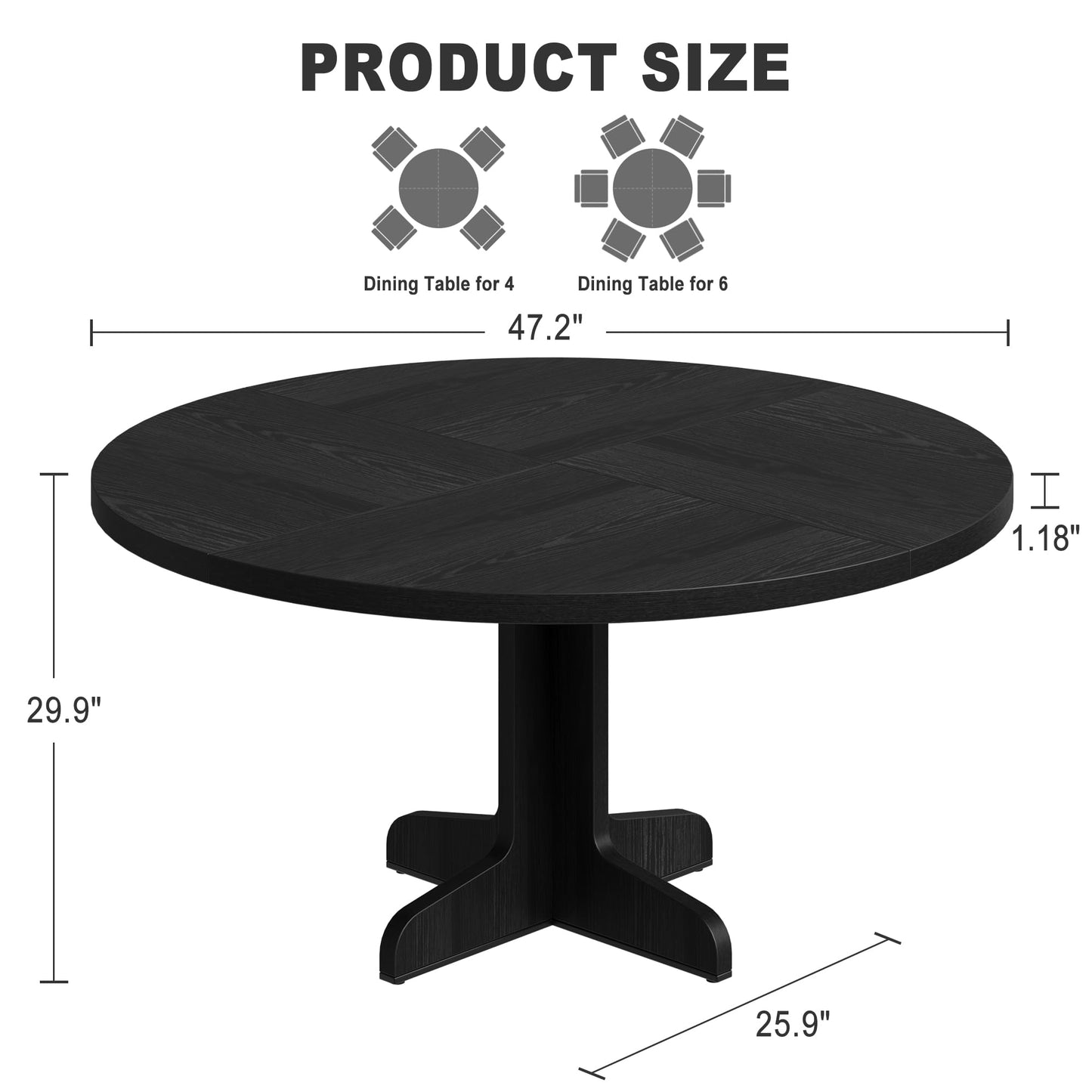 IDEALHOUSE 47" Round Dining Table – Modern Farmhouse Table for 4, Black