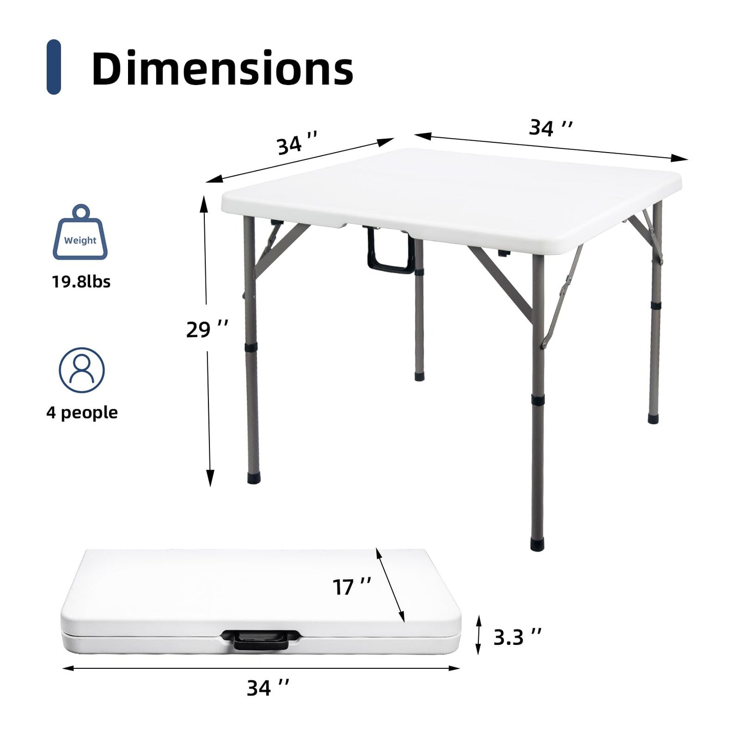 Byliable 34" Square Folding Card Table, Fold-in-Half Utility Dining Portable Table Heavy Duty HDPE White Plastic Foldable with Carrying Handle Indoor Outdoor for Picnic, Camping, Party
