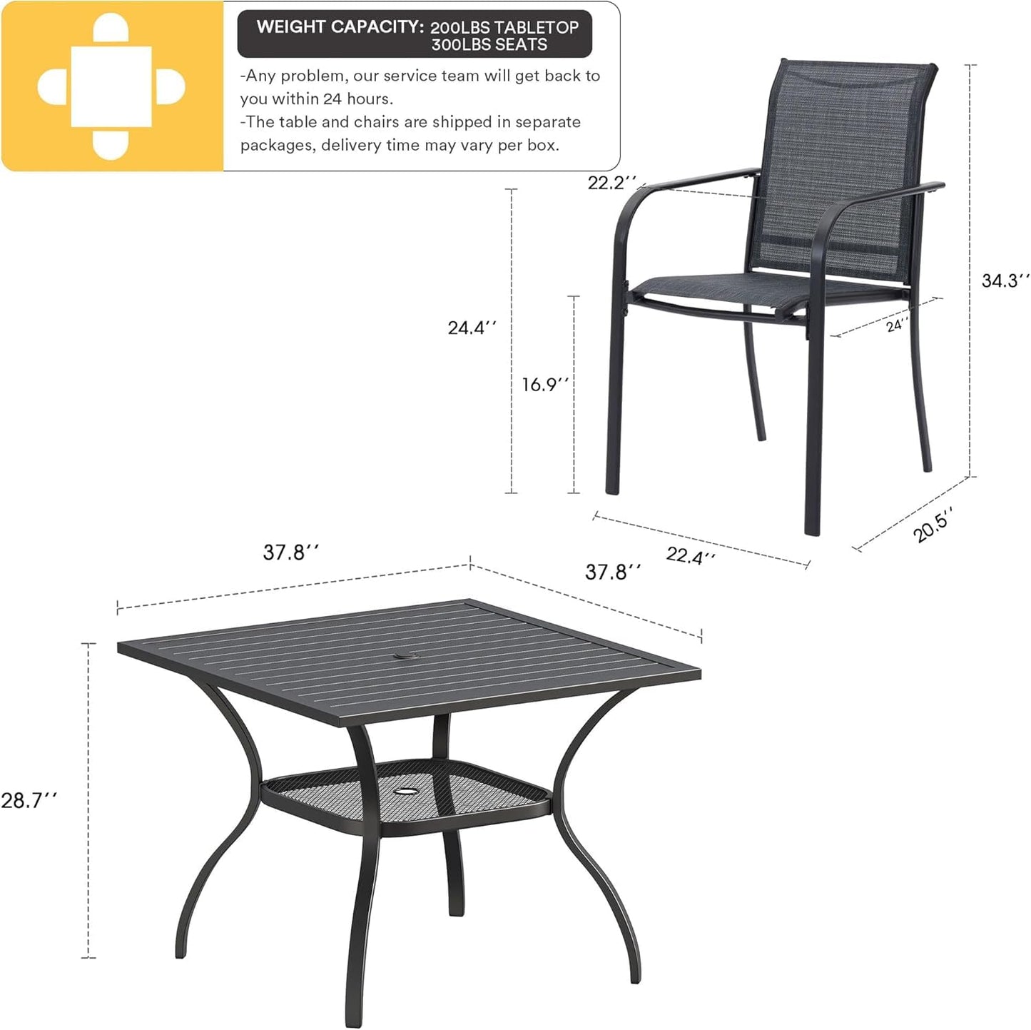 5-Piece Outdoor Dining Set with Square Table & Stackable Sling Chairs – Black/Grey