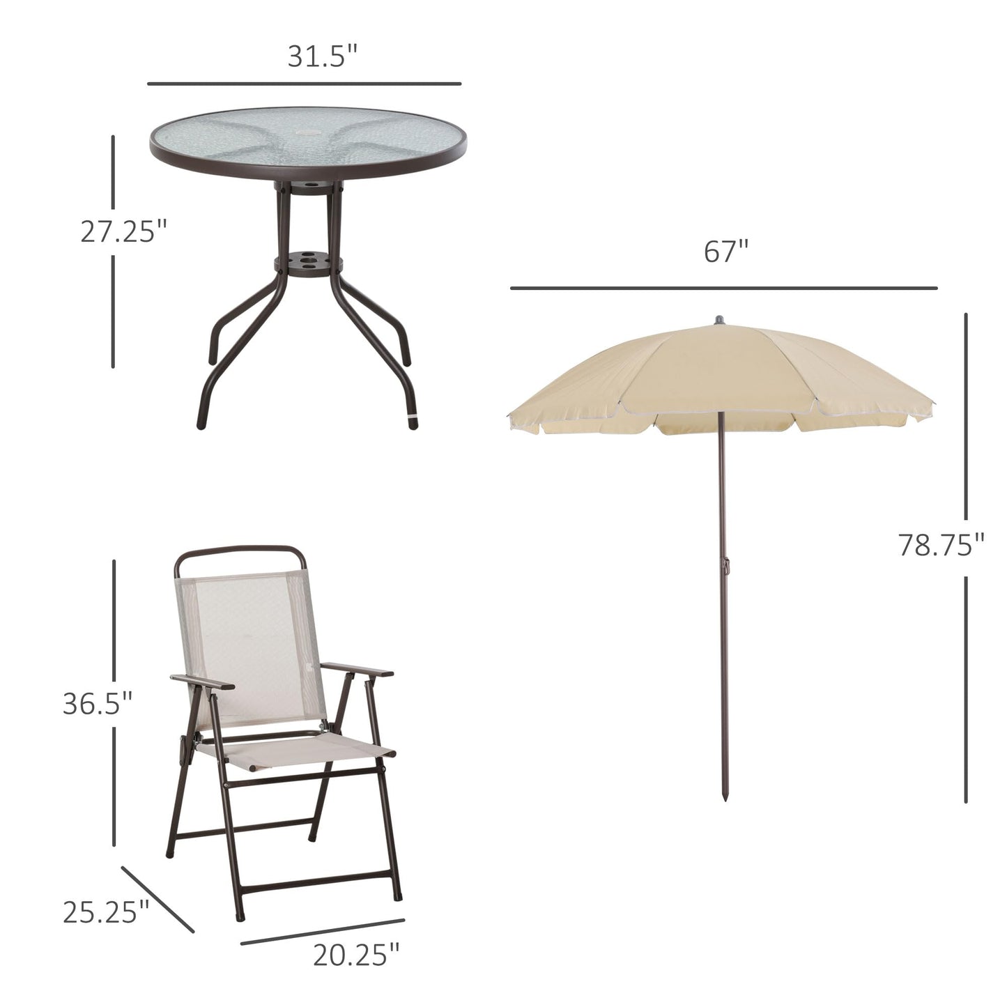 Outsunny 6-Piece Outdoor Dining Set with Umbrella & Glass Table – Beige