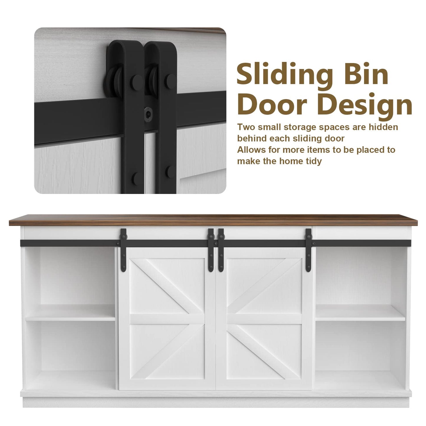 JUMMICO TV Stand for 65" TV – Mid-Century Modern Media Console with Sliding Barn Doors, Storage Cabinets, Bright White