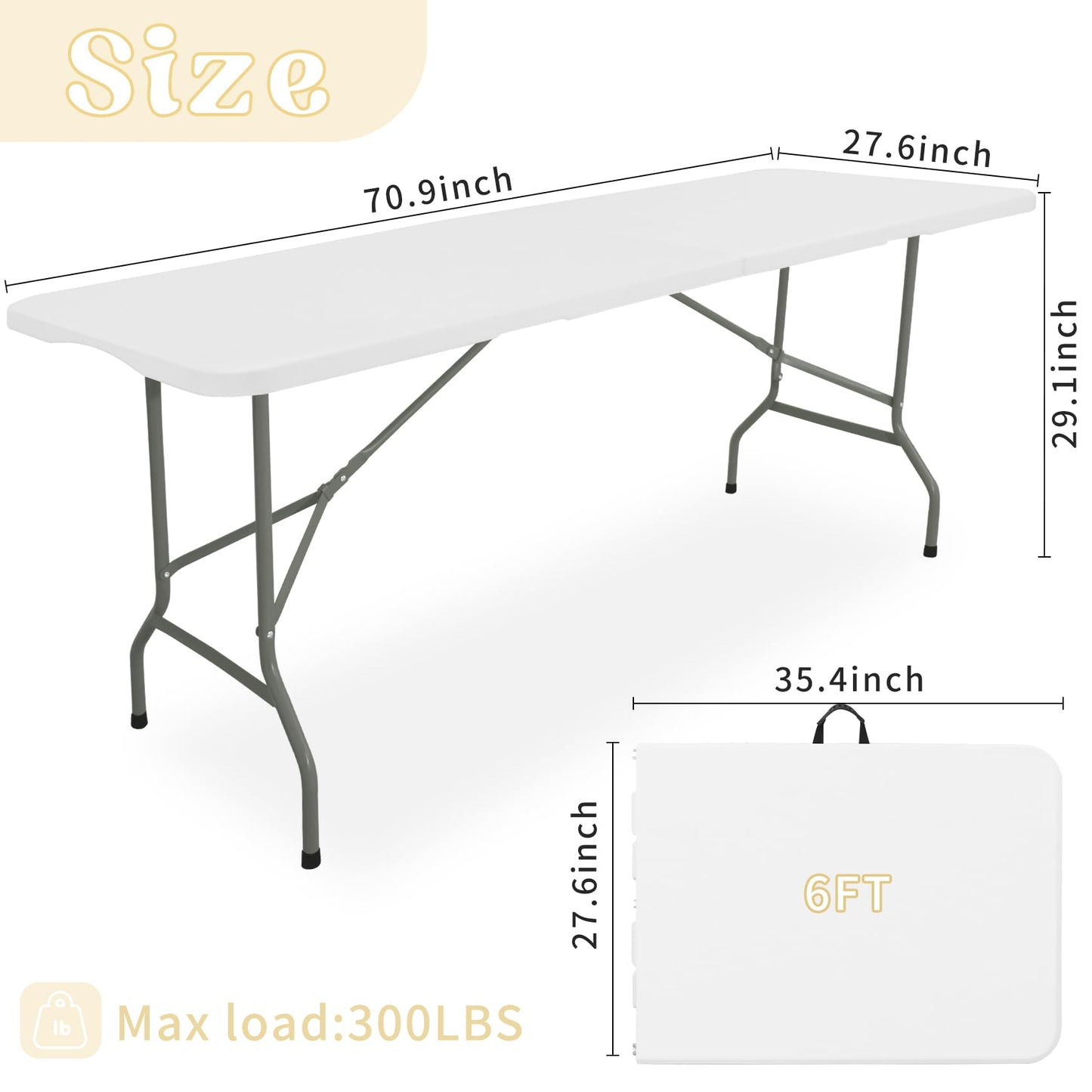 Set of 2 6ft Folding Tables – Portable Plastic Outdoor Dining Tables with Steel Legs and Carrying Handles, White
