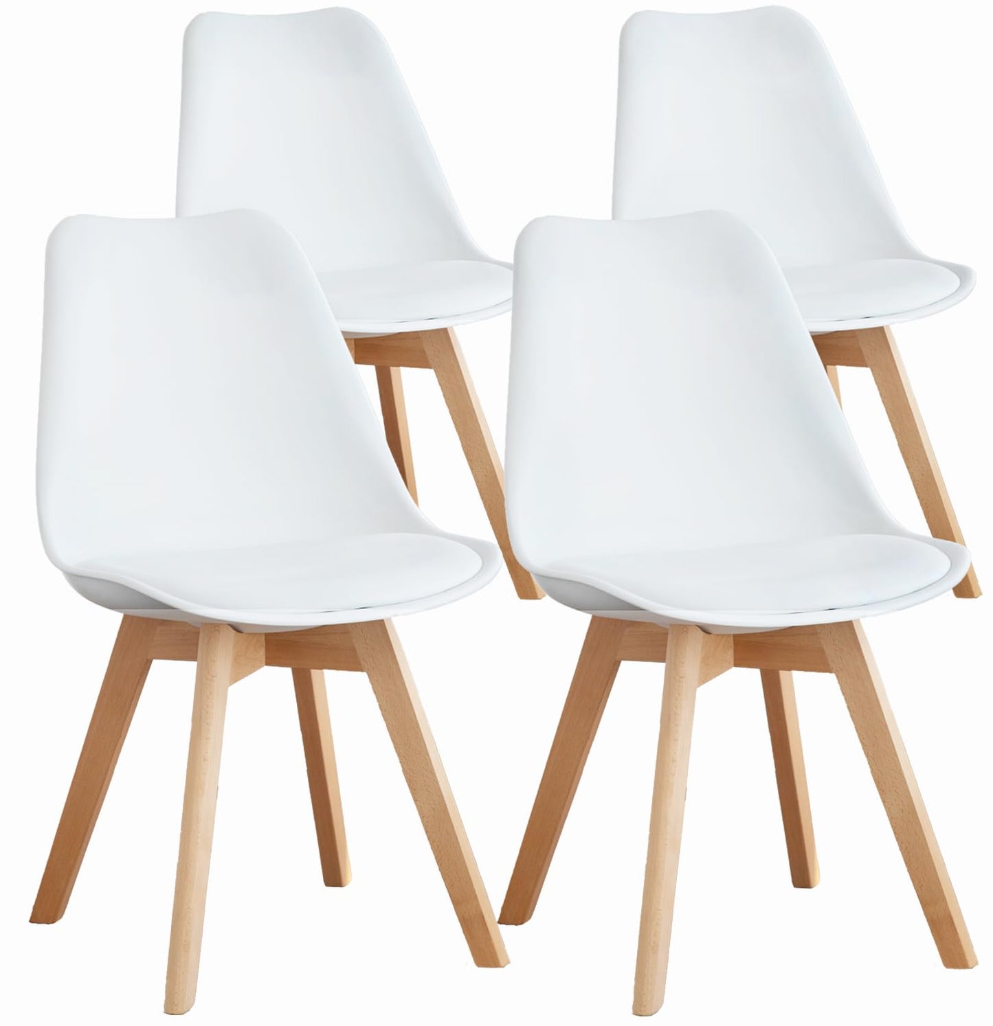 OLIXIS Set of 4 Mid-Century Modern Dining Chairs – White PU Leather with Wood Legs