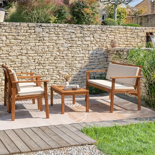 4-Piece Acacia Wood Patio Sofa Set with Cushions & Table – White