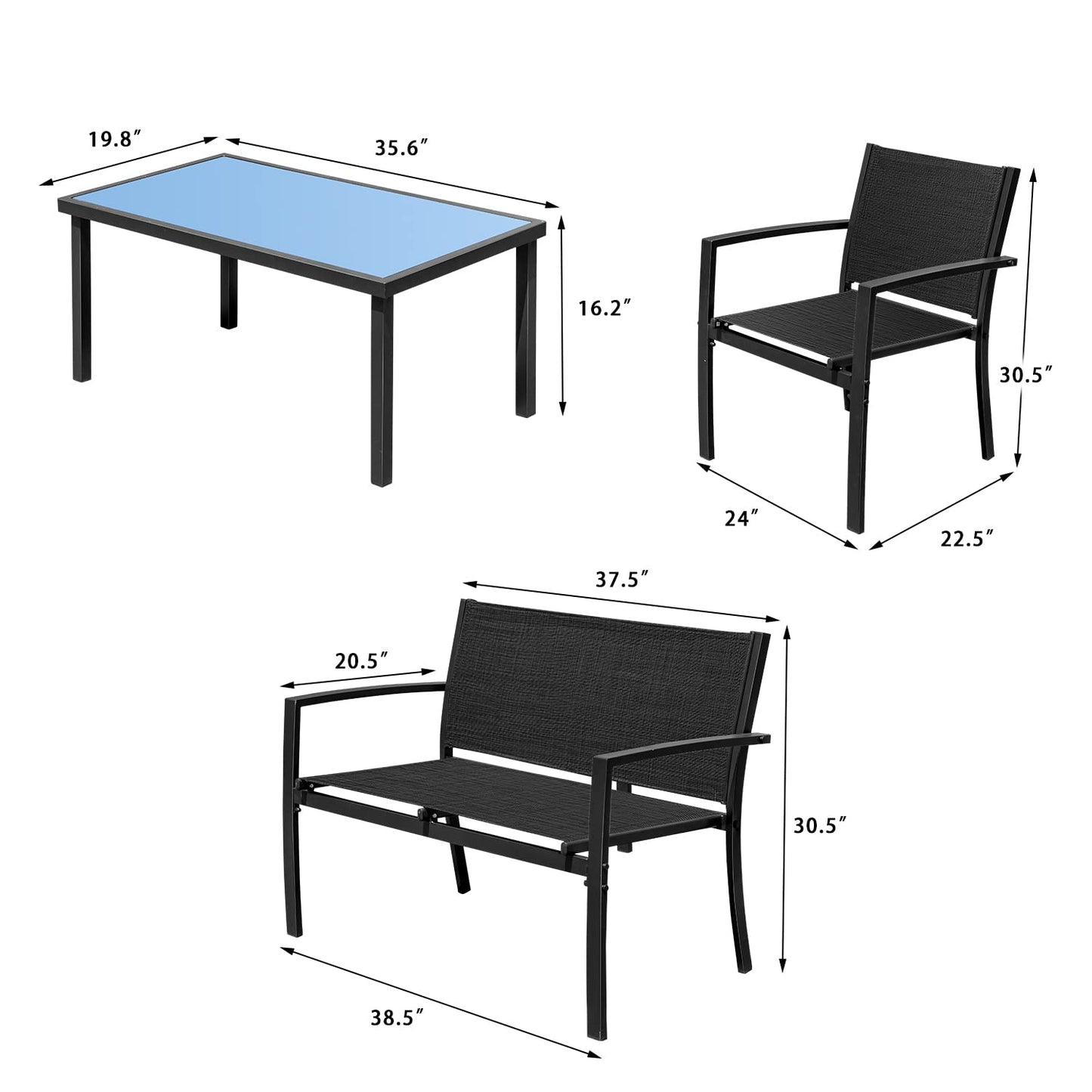 Devoko 4-Piece Outdoor Patio Furniture Set – Wicker Chairs & Glass Coffee Table, Black