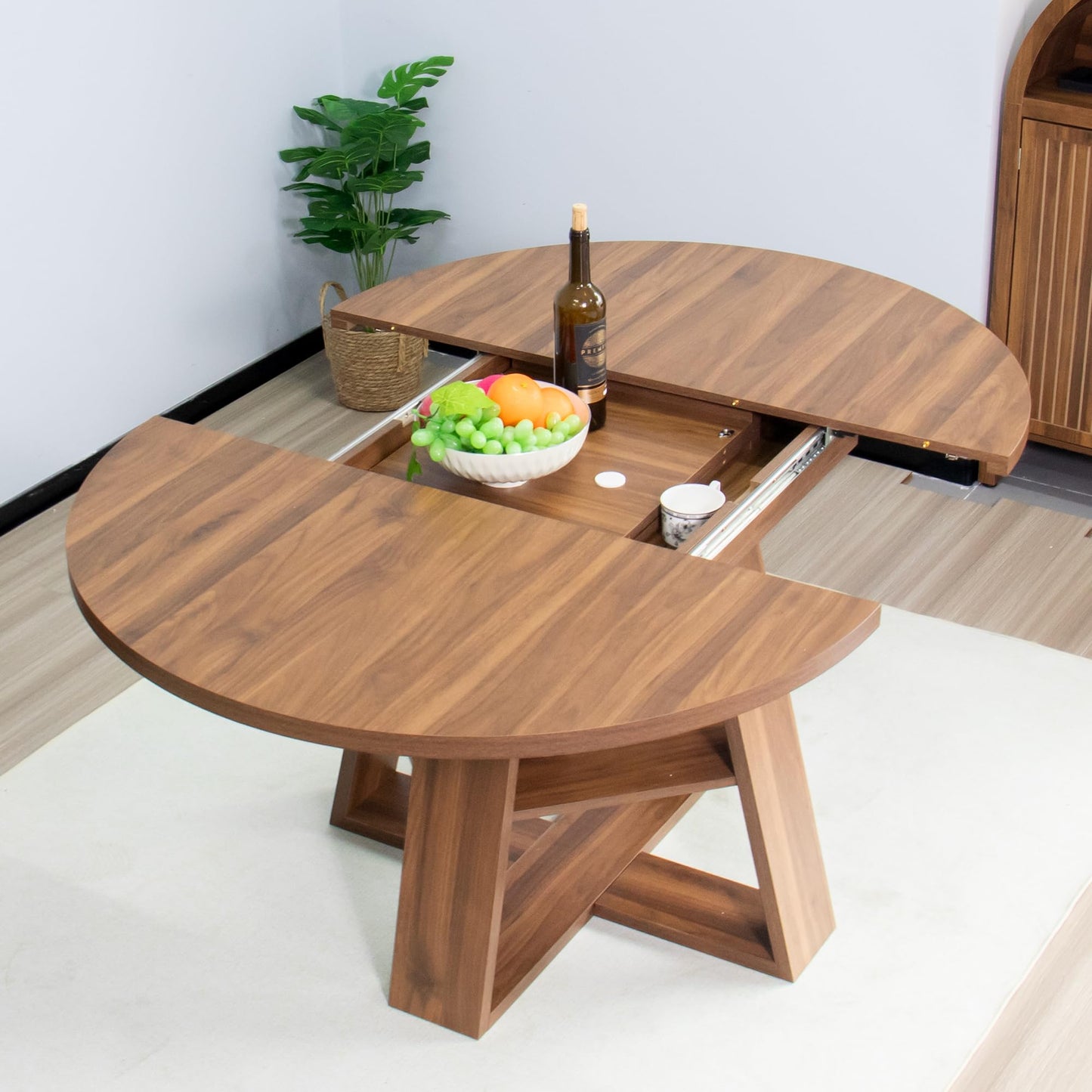 Extendable Round Dining Table 43–59" for 4–8, Walnut with Storage Shelf