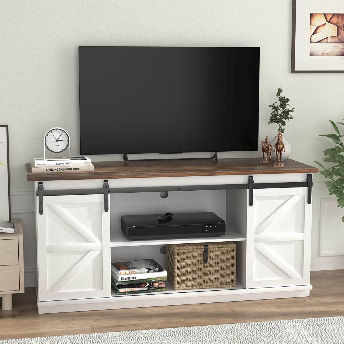 JUMMICO TV Stand for 65" TV – Mid-Century Modern Media Console with Sliding Barn Doors, Storage Cabinets, Bright White