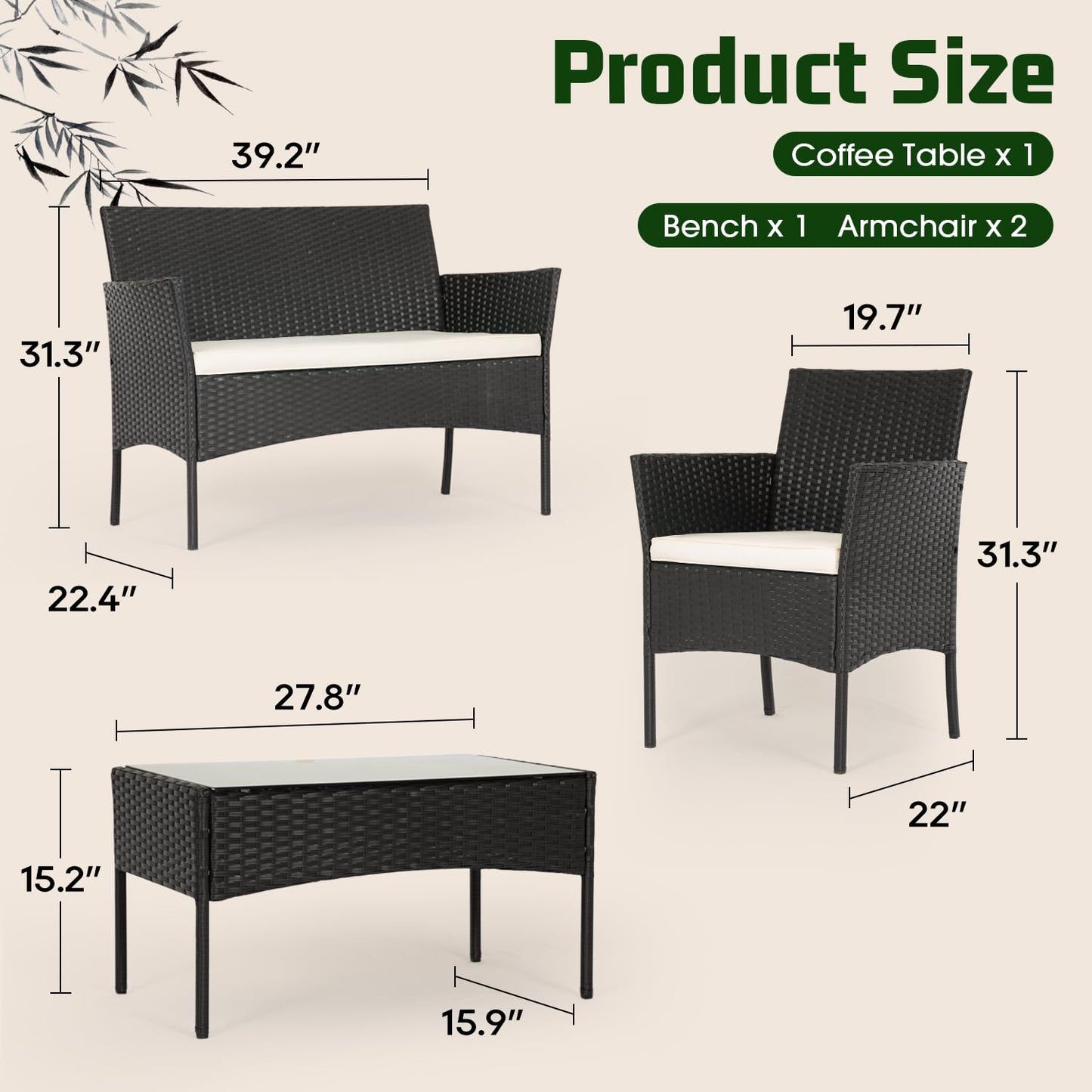 4-Piece Outdoor Patio Furniture Set – Rattan Chairs & Coffee Table