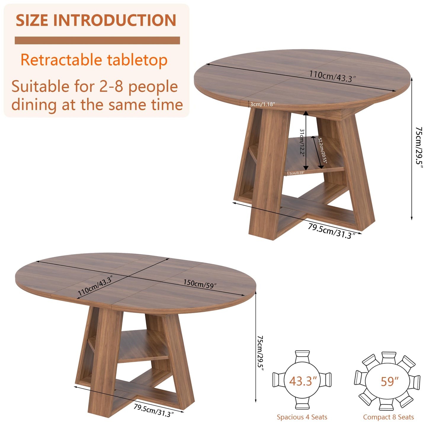 Extendable Round Dining Table 43–59" for 4–8, Walnut with Storage Shelf