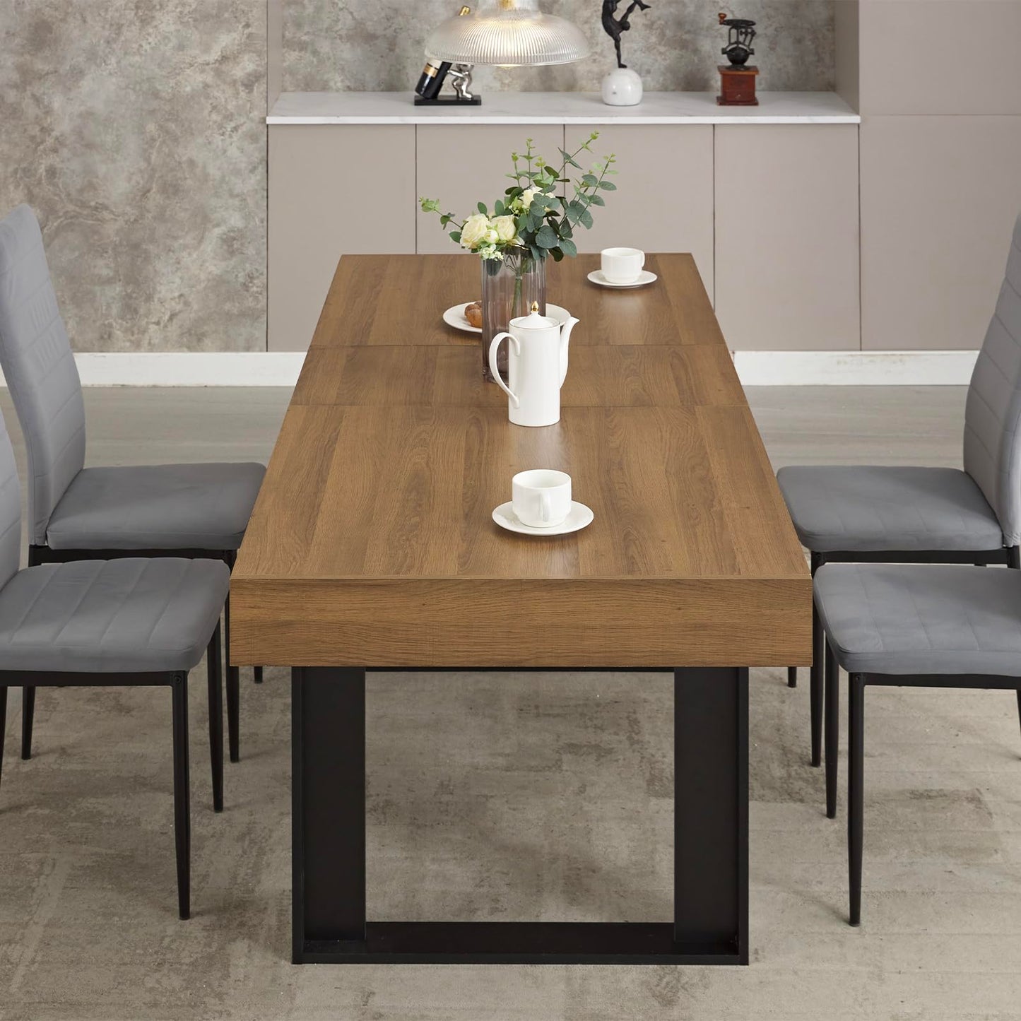 STHOUYN 63”-79” Extendable Dining Table – Modern Farmhouse Wooden Table for 6-10, Walnut Brown