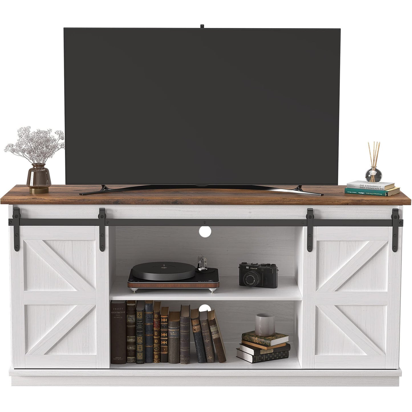 JUMMICO TV Stand for 65" TV – Mid-Century Modern Media Console with Sliding Barn Doors, Storage Cabinets, Bright White