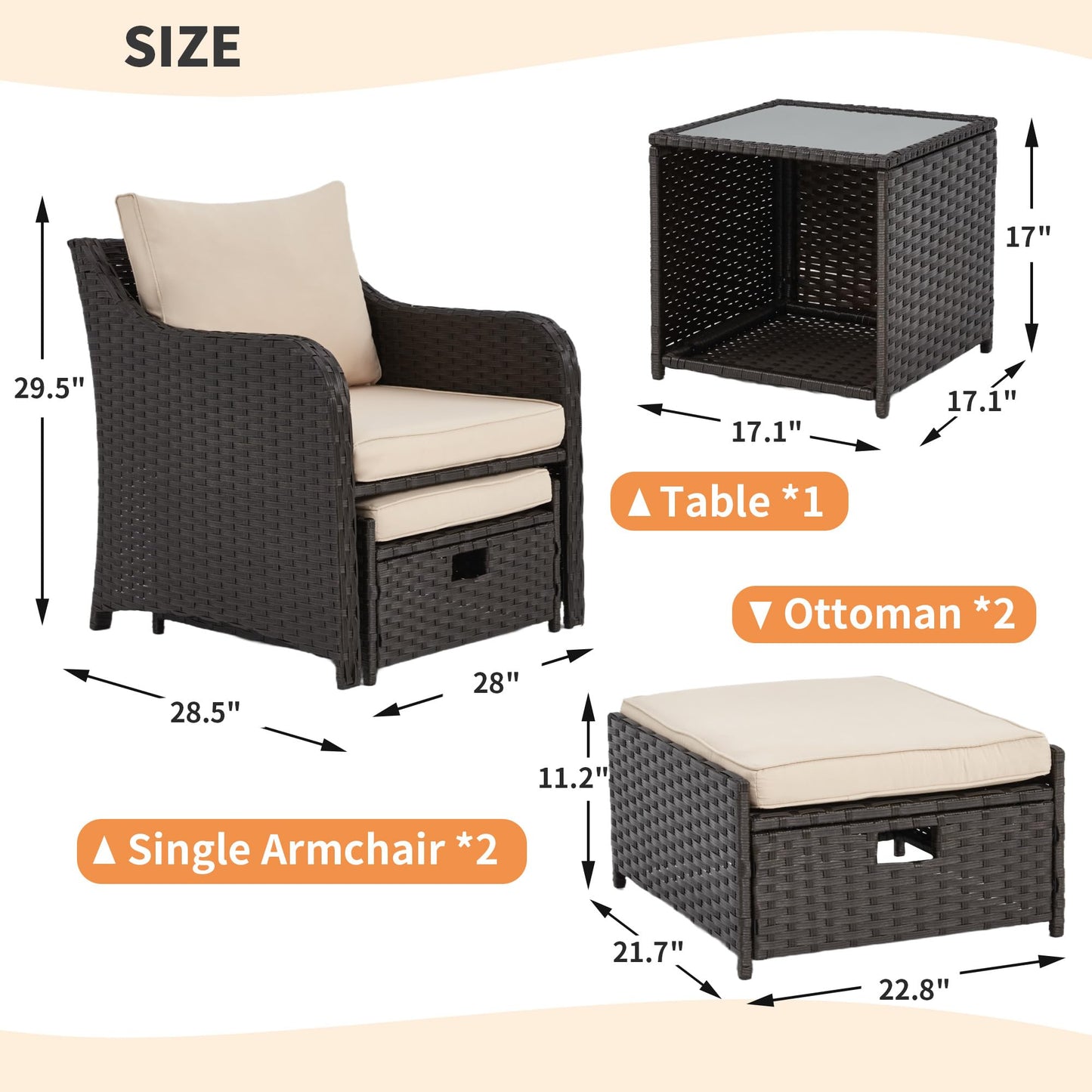 5-Piece Balcony Lounge Set with Cushions, Ottoman & Table – Khaki