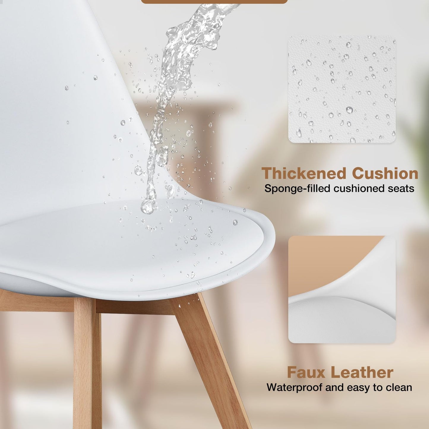 OLIXIS Set of 4 Mid-Century Modern Dining Chairs – White PU Leather with Wood Legs