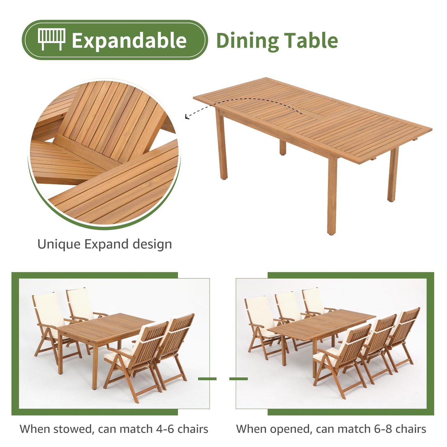 7-Piece Patio Dining Set with Extendable Table & Reclining Chairs – Beige