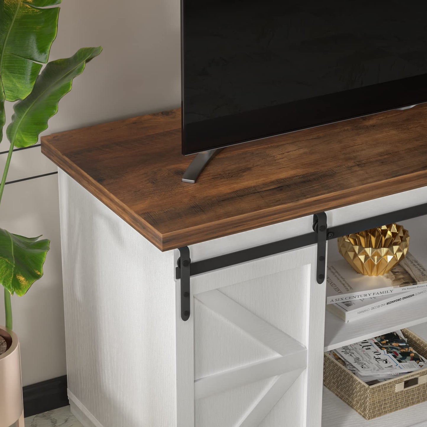 JUMMICO TV Stand for 65" TV – Mid-Century Modern Media Console with Sliding Barn Doors, Storage Cabinets, Bright White