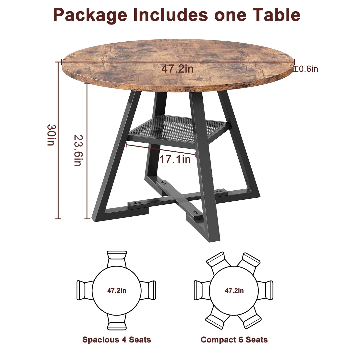 Jocoevol 47" Round Dining Table for 4 – Space-Saving Pedestal Wood Table for Kitchen & Dining Room, Vintage Finish