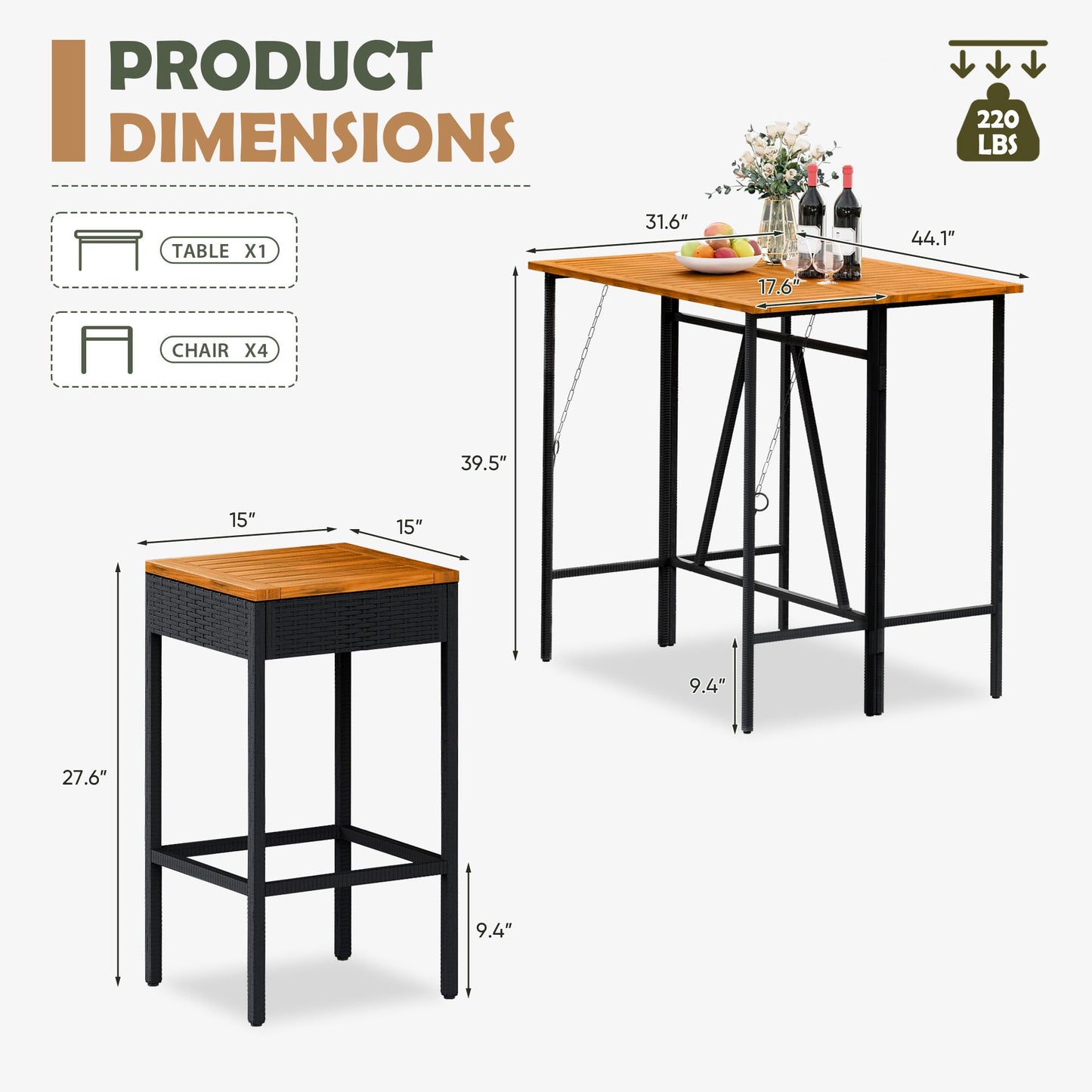 5-Piece Outdoor Bar Set with High Top Table & Foldable Stools – Acacia Wood