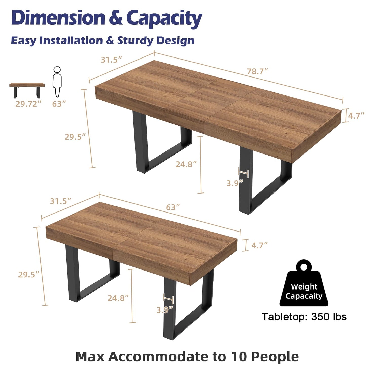 STHOUYN 63”-79” Extendable Dining Table – Modern Farmhouse Wooden Table for 6-10, Walnut Brown