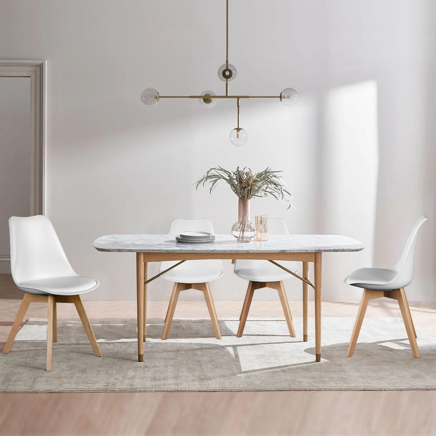 OLIXIS Set of 4 Mid-Century Modern Dining Chairs – White PU Leather with Wood Legs