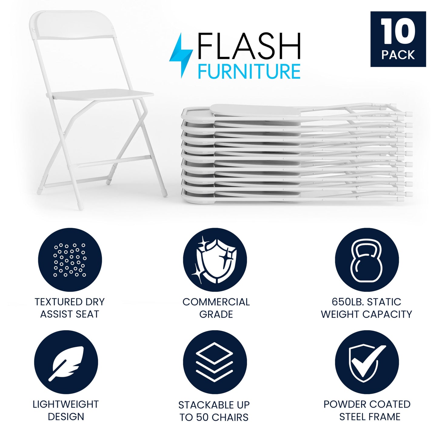 Set of 10 Heavy-Duty Foldable Plastic Chairs – Indoor/Outdoor, White