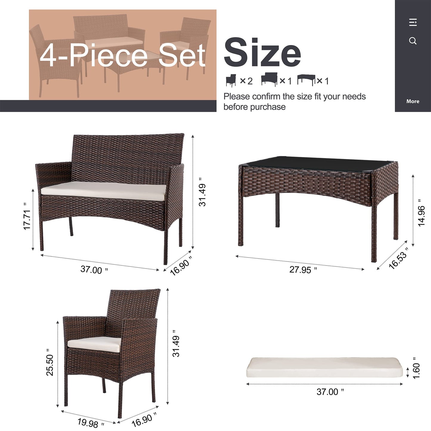 Shintenchi 4-Piece Outdoor Patio Furniture Set – Wicker Chairs & Loveseat with Coffee Table, Brown