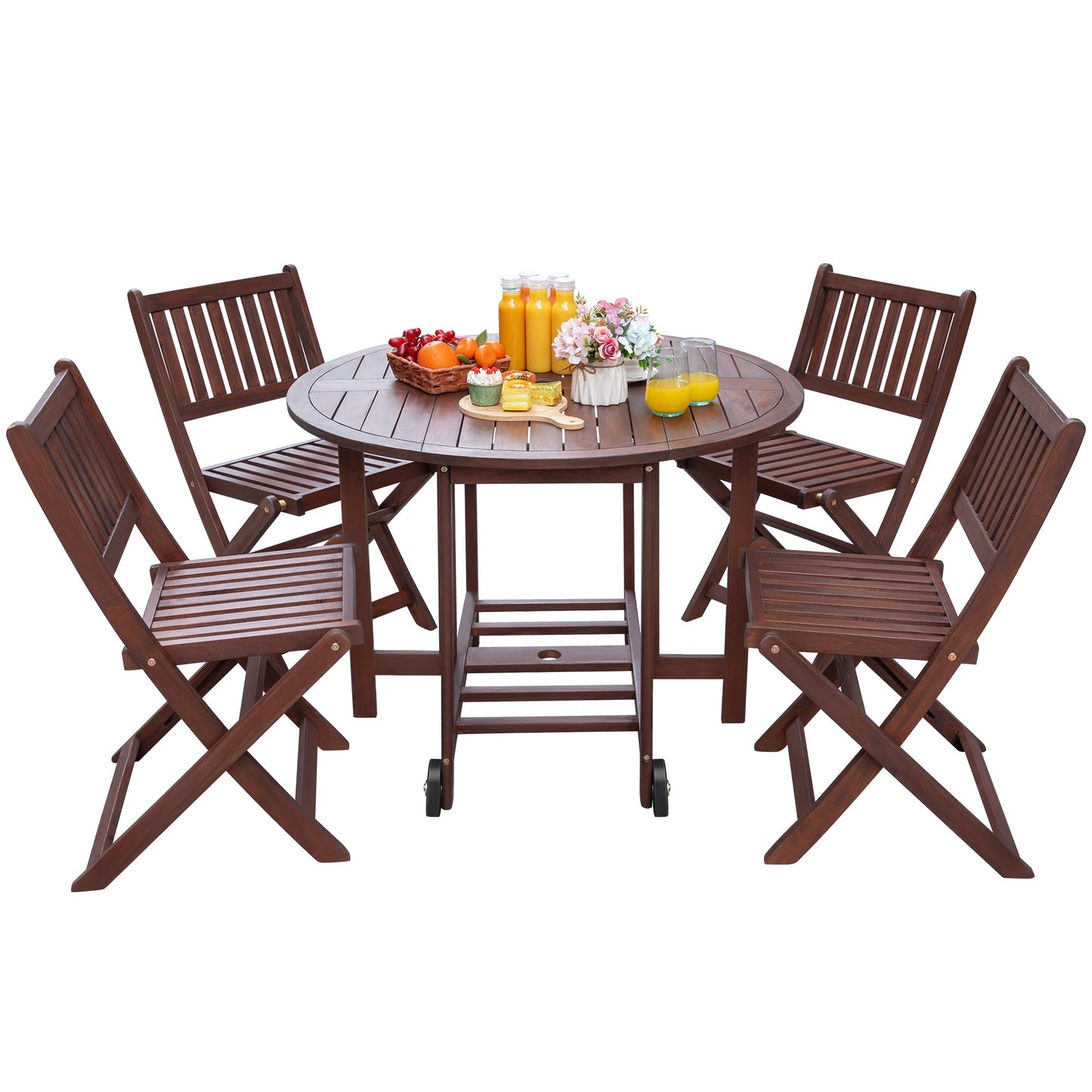 5-Piece Patio Folding Set with Round Table & Chairs – Dark Brown