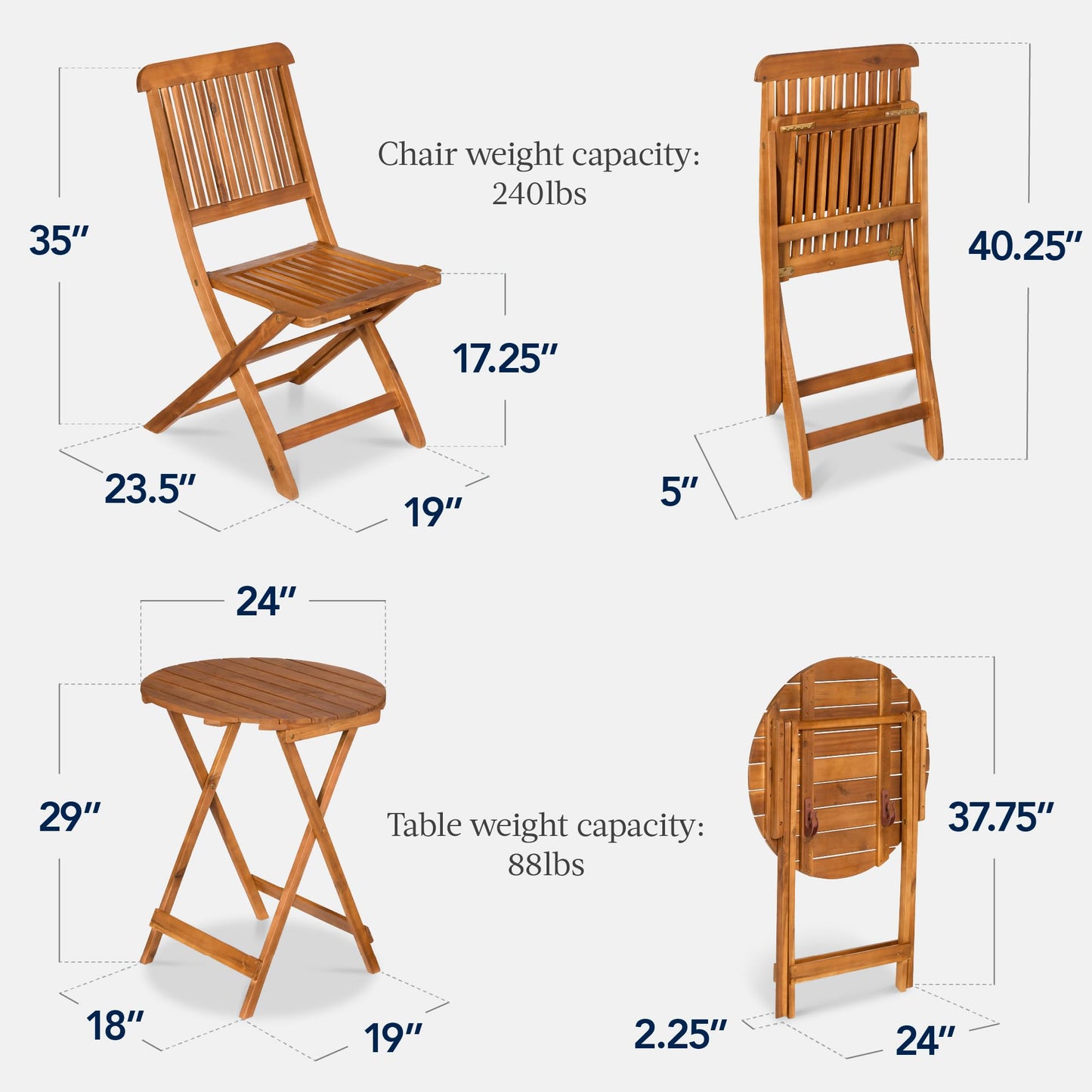 3-Piece Acacia Wood Patio Bistro Set with Foldable Chairs & Table – Natural