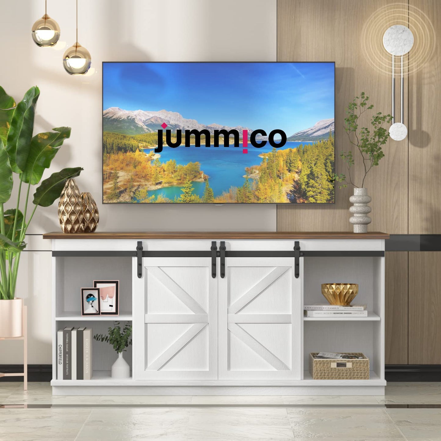 JUMMICO TV Stand for 65" TV – Mid-Century Modern Media Console with Sliding Barn Doors, Storage Cabinets, Bright White