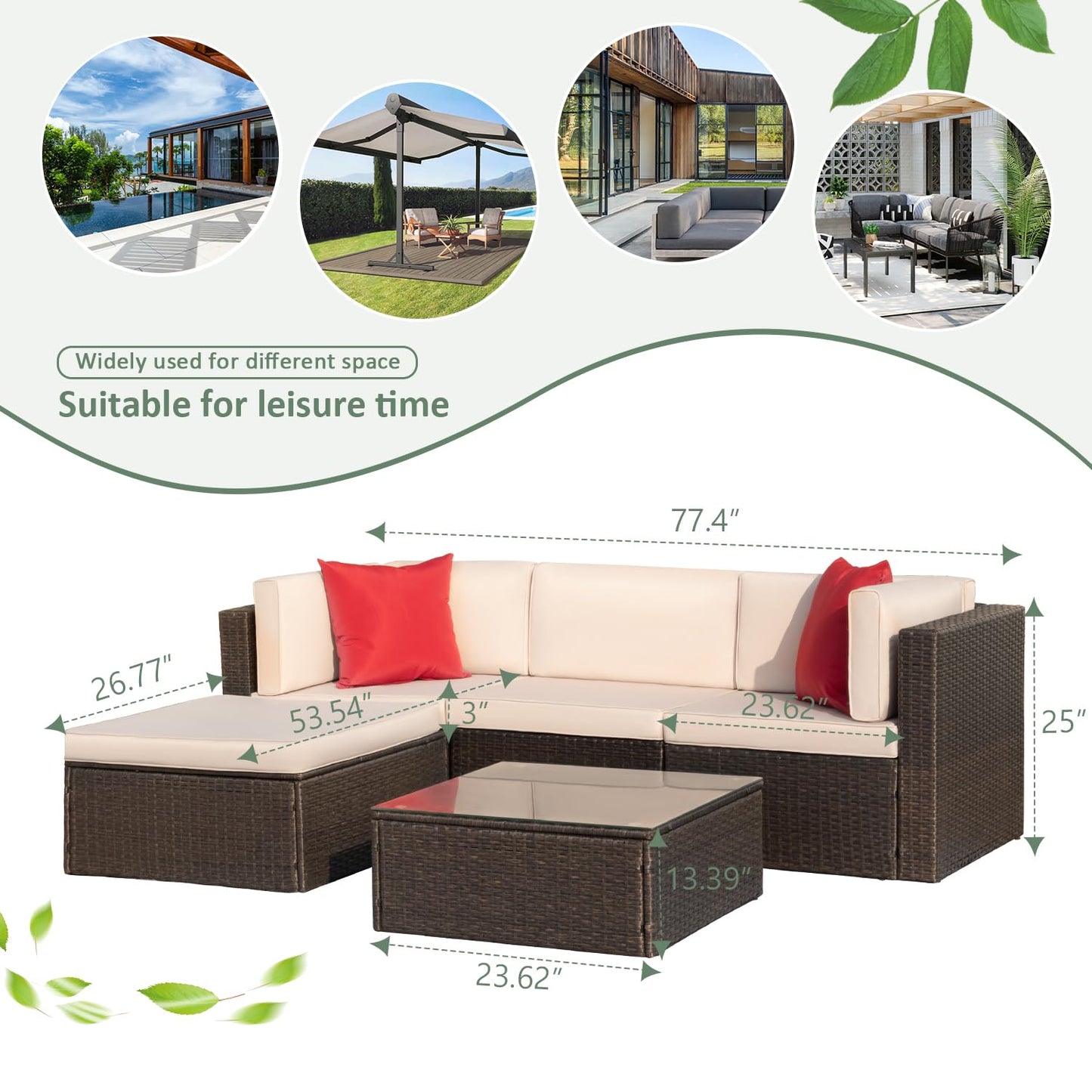 Devoko 5-Piece Outdoor Patio Furniture Set – Wicker Sectional Sofa with Cushions & Glass Table, Beige