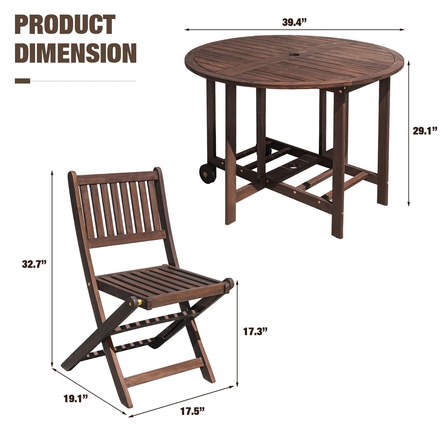 5-Piece Outdoor Dining Set with Folding Chairs & Round Wood Table – Brown