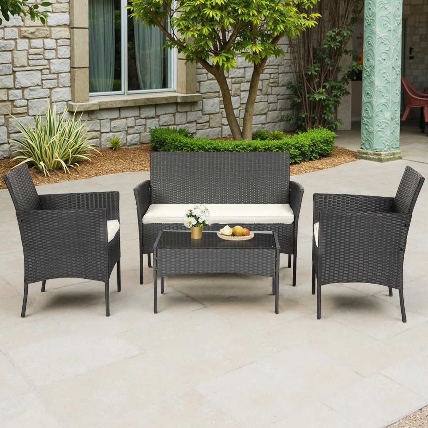 4-Piece Outdoor Patio Furniture Set – Rattan Chairs & Coffee Table