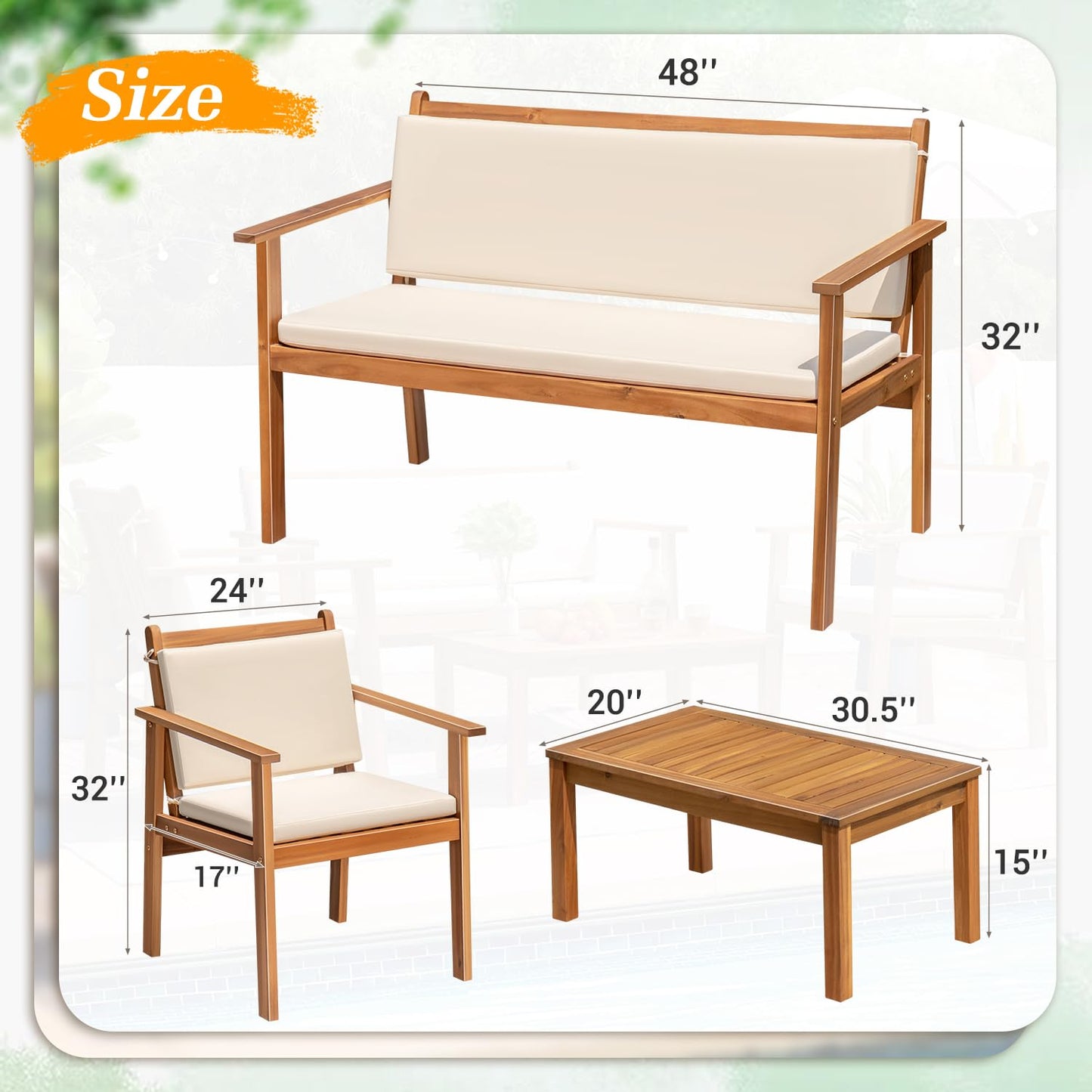 4-Piece Acacia Wood Patio Sofa Set with Cushions & Table – White