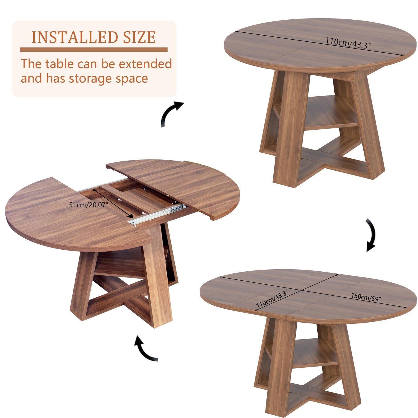 Extendable Round Dining Table 43–59" for 4–8, Walnut with Storage Shelf