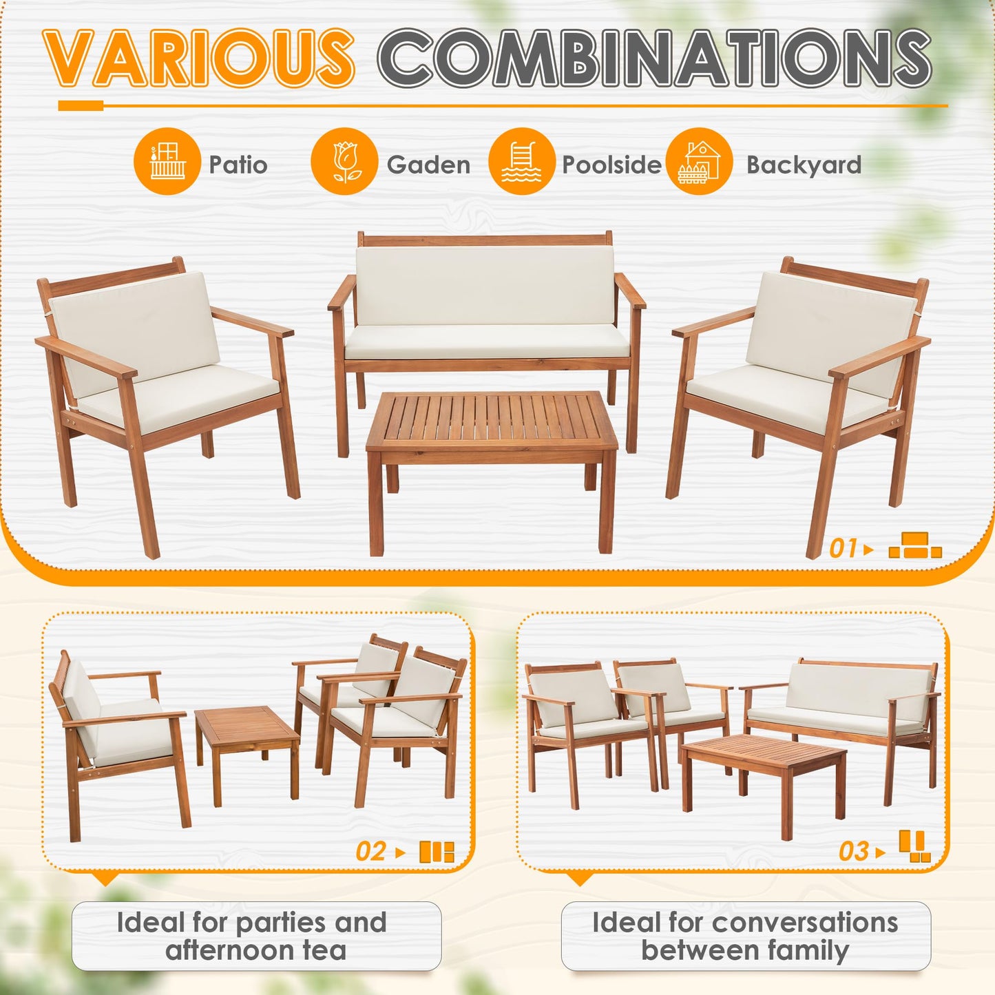 Greesum 4-Piece Outdoor Bistro Patio Furniture Set – Acacia Wood Chairs with Cushions & Coffee Table